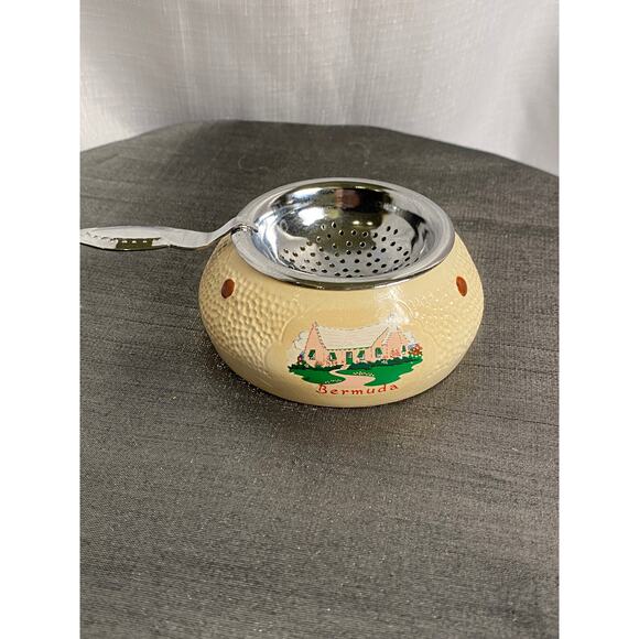 VTG 70s Bermuda Souvenir Tea Bag Holder Strainer 3.50in Pink Green Beige EUC L#1 - Picture 1 of 13